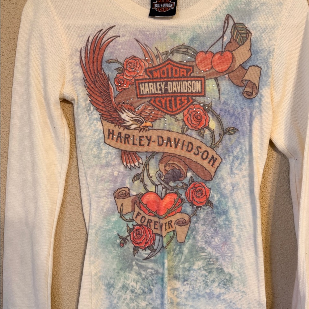 Harley-Davidson White Graphic A-Line Skirt with Red & Blue Accents
